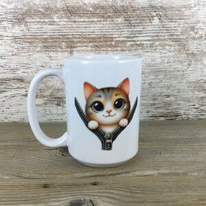 Cat Peeking from Zipper Design 15 oz Ceramic Coffee Mug